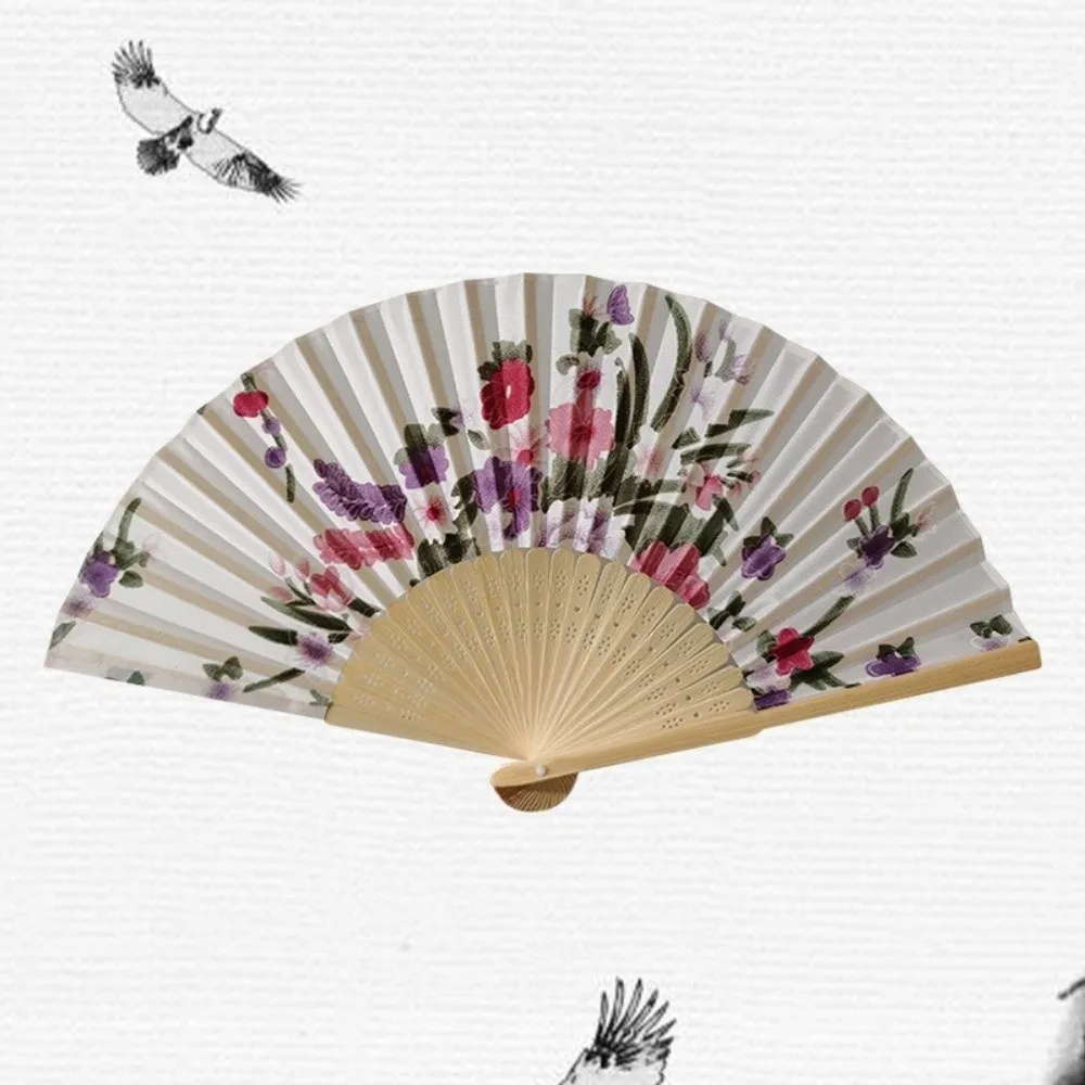 Silk Material Chinese Folding Fan Bamboo Wood Flower Pattern Folding Fan Folding Design Pink Color Vintage Fan Gift Giving