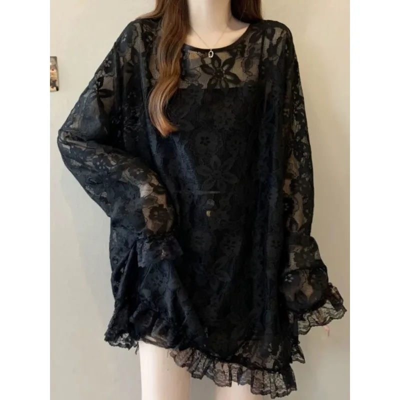 

Korean Design Lace T-shirt Summer Fat Loose Sweet Casual Top