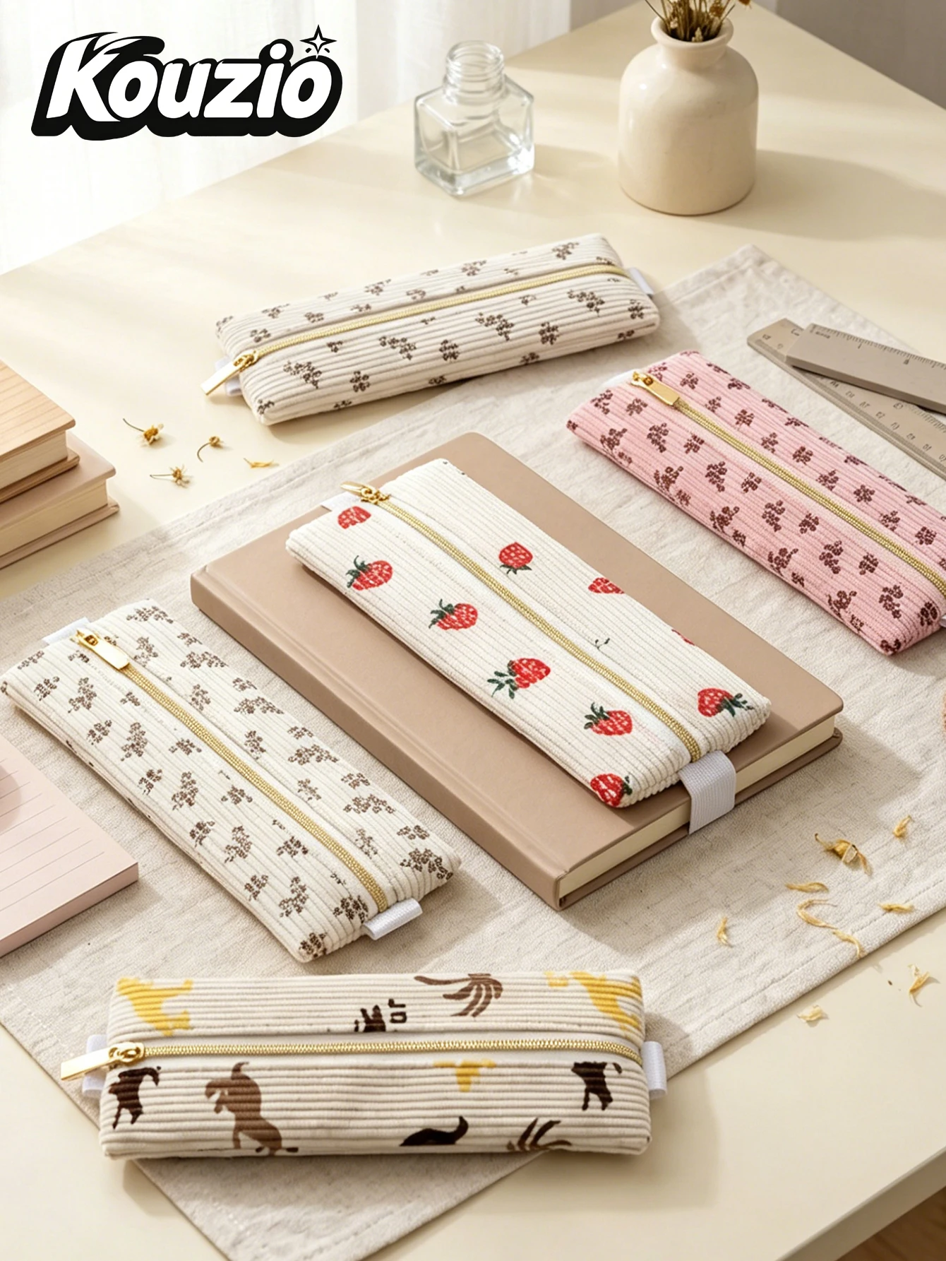 Kawaii Corduroy Slim Pencil Case Zipper Mini Pen Bag Cute Compact Stationery Pouch Organizer Back to School Supplies