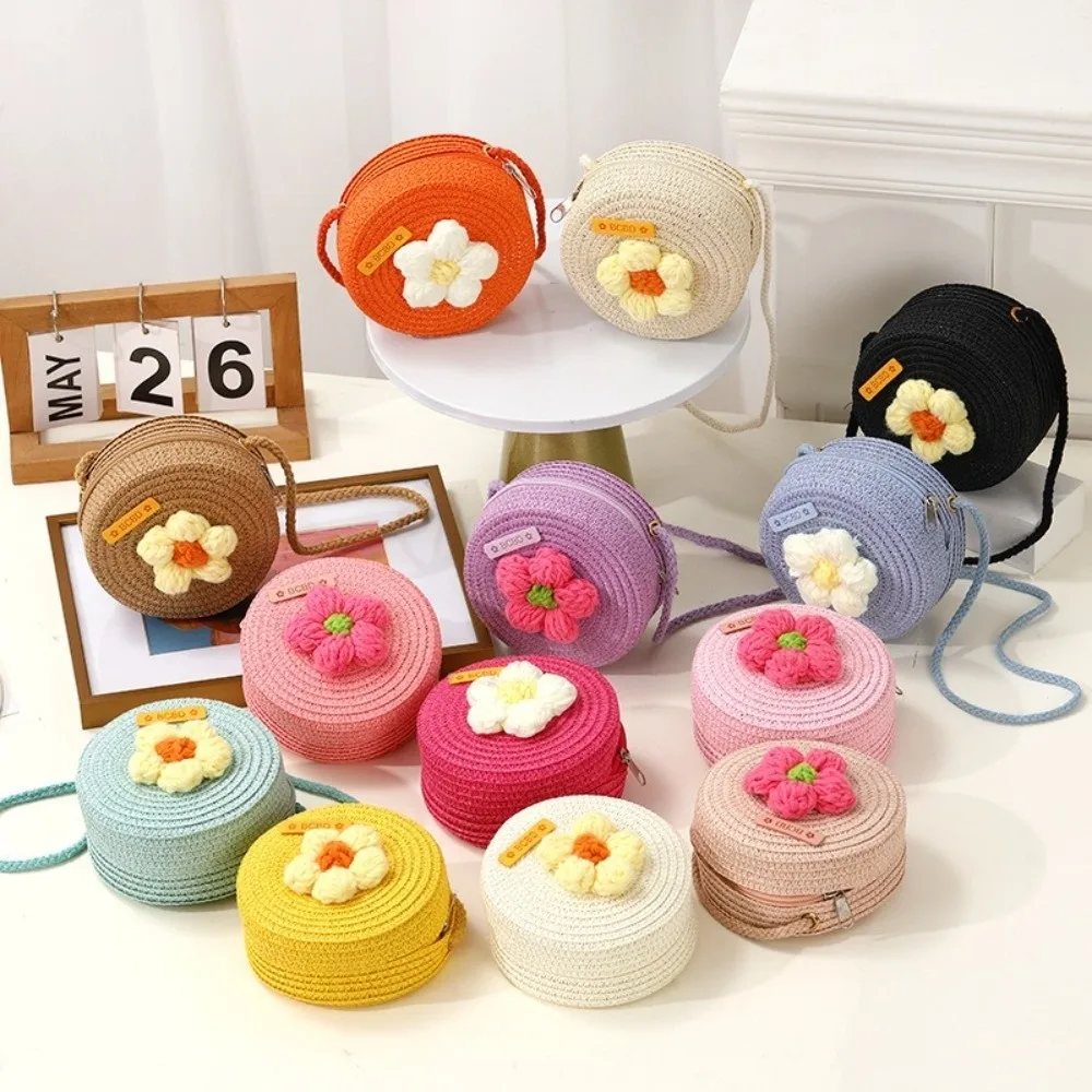 

Cute Handmade Kids Straw Bag Flower Shape Woven Crossbody Bag Shoulder Bag for Children Girls