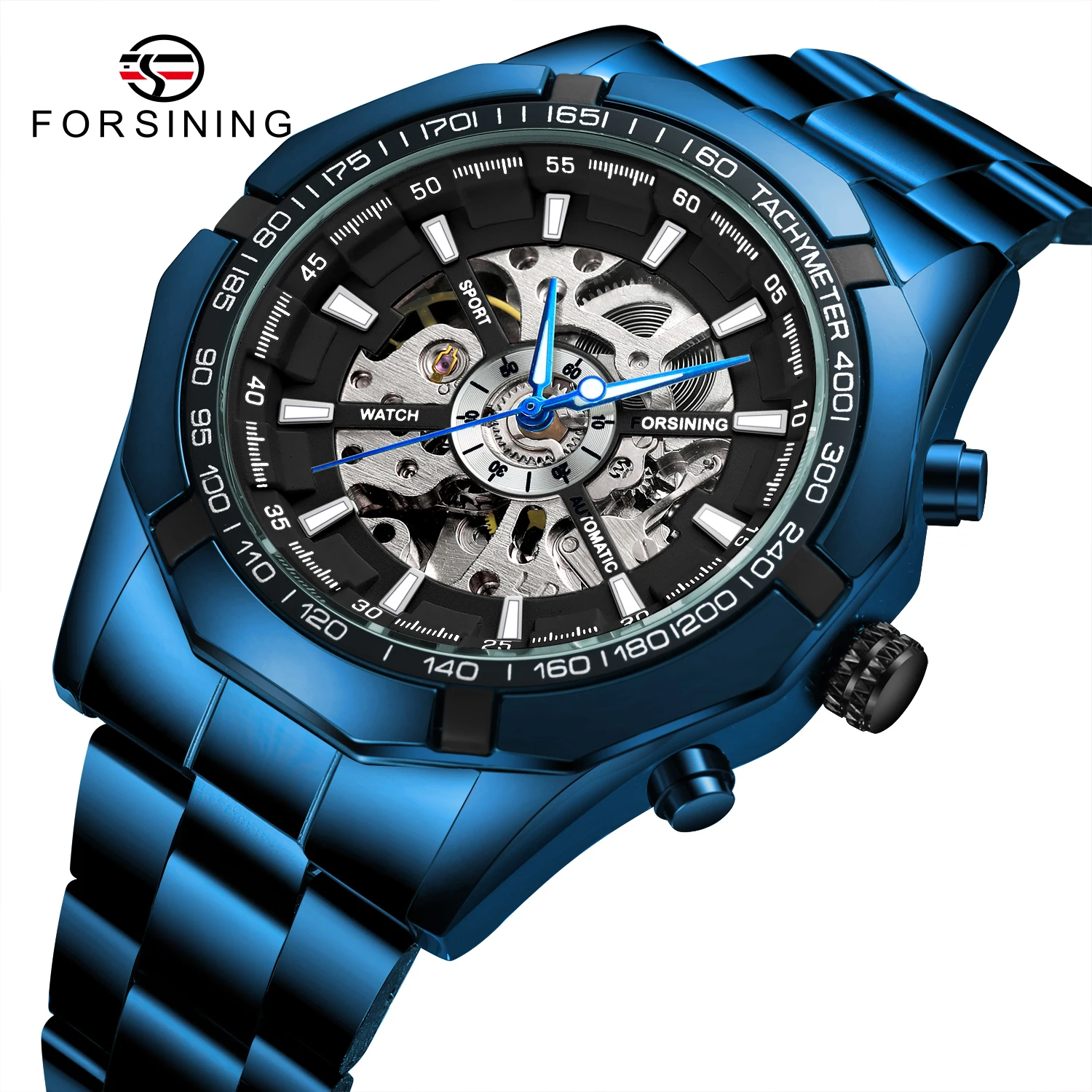 Forsining New Stainless Steel Waterproof Men Transparent Skeleton Blue Watches Luxury Tourbillion Mechanical Sport reloj hombre