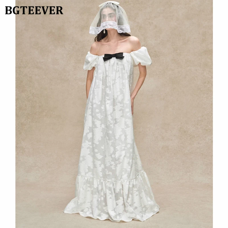 

BGTEEVER Romantic and Elegant Jacquard Pleated Dress for Women Puff Sleeve Loose Dresses