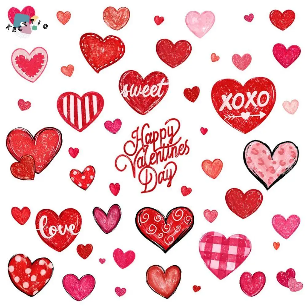 49PCS/6Sheets DIY Heart Shaped Valentine’s Day Love Stickers Romantic Red Window Stickers PVC Wall Stickers Home Decorations