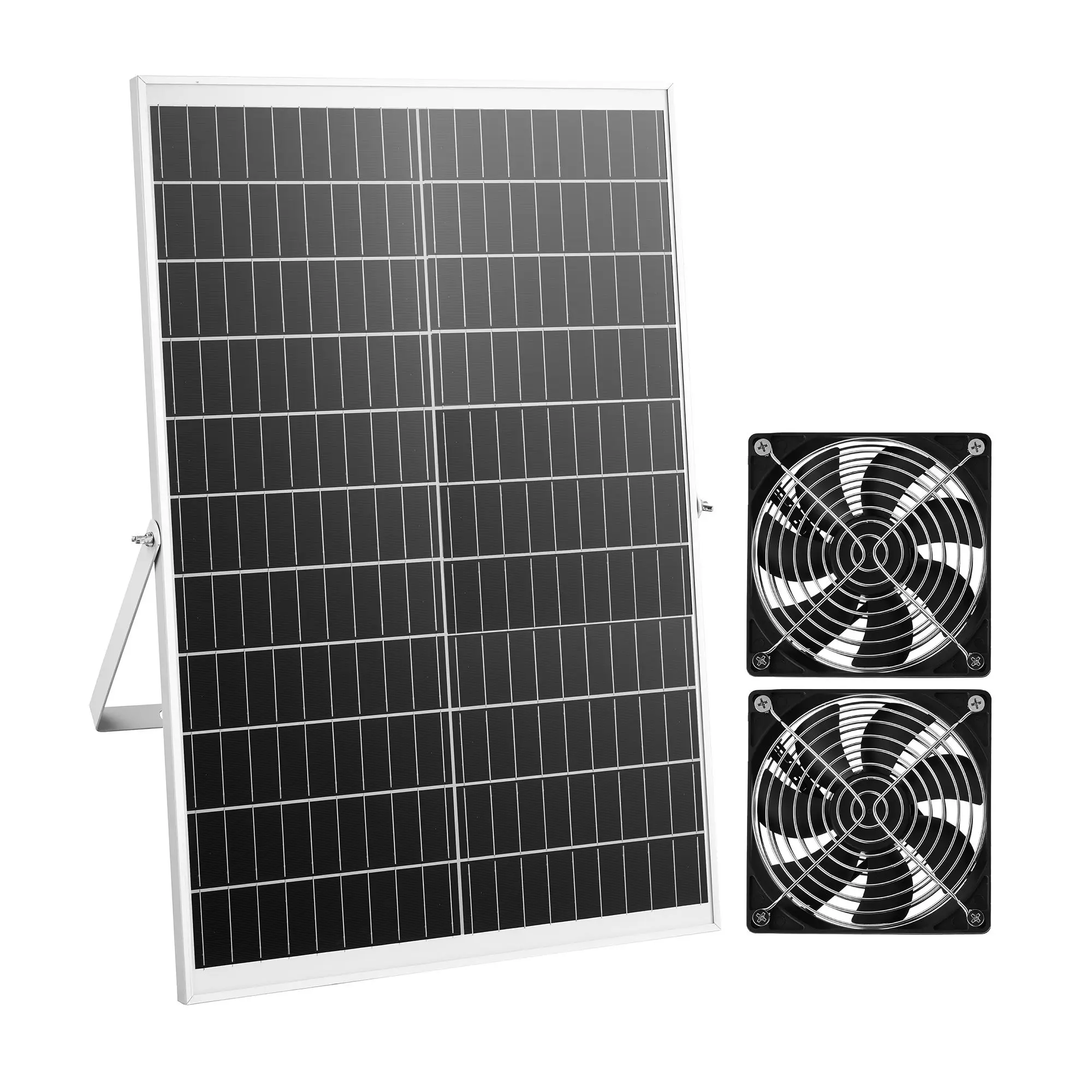 

Solar Powered Fan, 30W Solar Panel with 2 Fans, Adjustable Solar Panel Angle, 2668 RPM High-Speed, Flexible Installation, Fast Air Exchange for Greenhouse, Grow Tents, Chicken Coops, Shelters