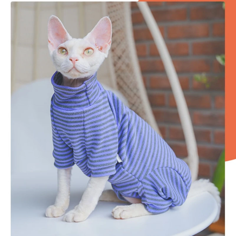 sphnyx Cat Clothes Striped Undershirt Long sleeves For Pet Soft Cotton Coat for Kittens Dogs 4-legged Jumpsuit for Devon Rex