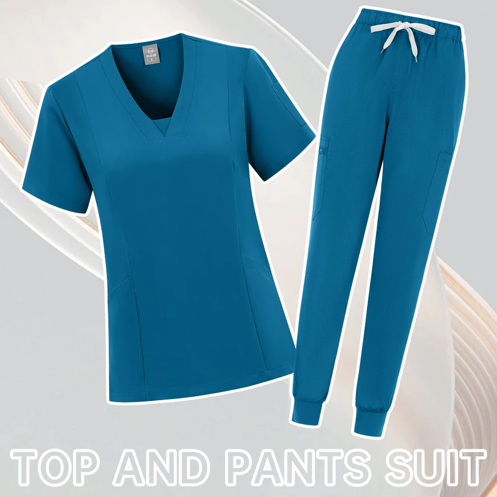 New Short Sleeve Scrubs Top with Pocket Pants Medical Nurse Uniforms Doctor Surgery Overalls Spa Outwear Beauty Salon Workwear