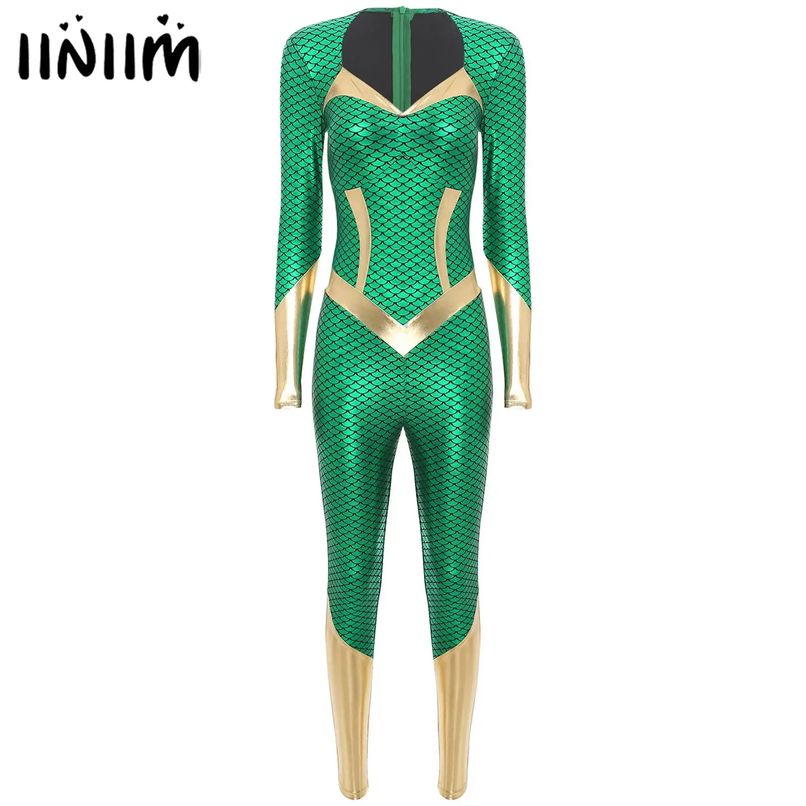 

Womens Mermaid Role-Playing Costume Metallic Gloss Fish Scale Print Bodysuit Fancy Dress Up Themed Party Halloween Outfits