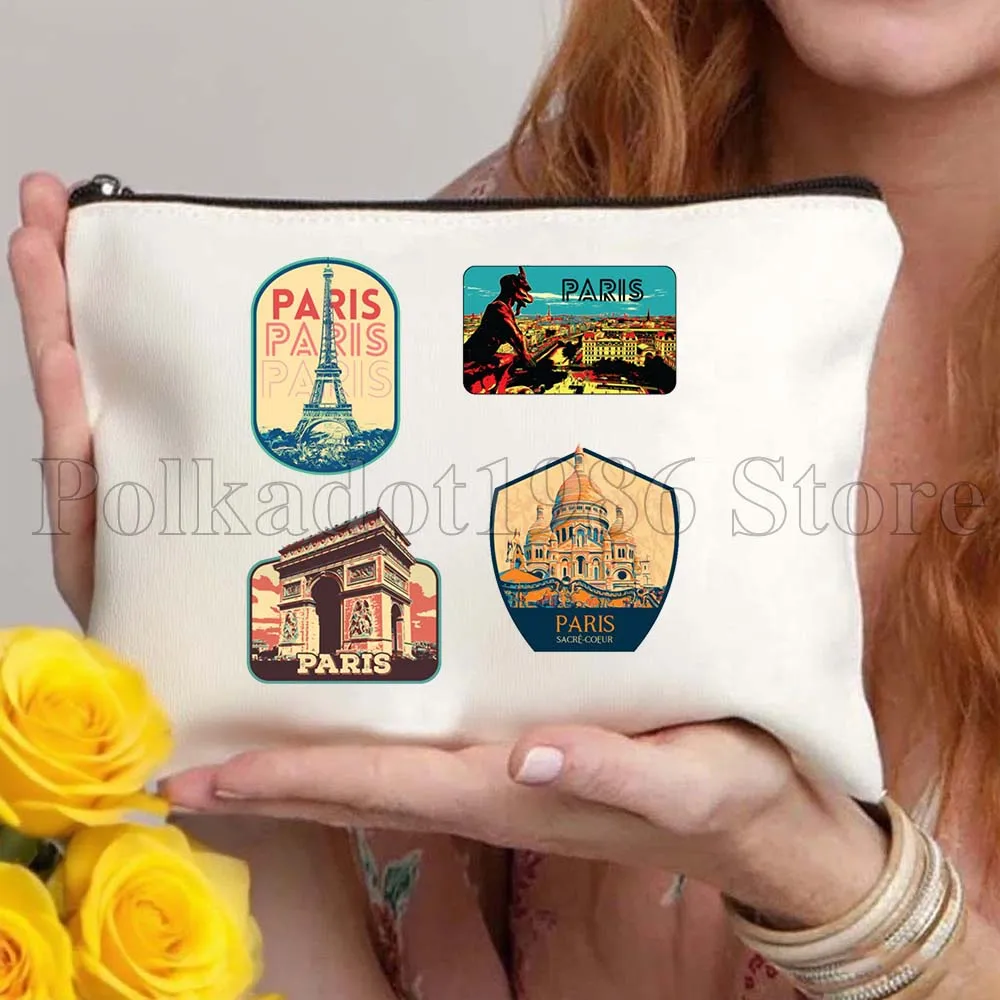 الأزهار Ici Cest باريس برج ايفل القلب فرنسا الهدايا حقيبة قماش قنب السفر حقيبة مستحضرات التجميل المرأة حقيبة مستحضرات تجميل حقيبة تخزين الموضة