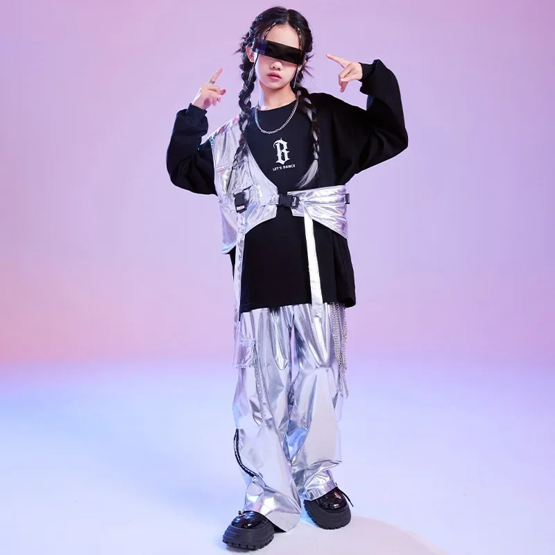 طفل الهيب هوب الملابس الفضة واحد الكتف سترة البلوز أعلى عارضة السراويل البضائع واسعة لفتاة صبي الجاز ملابس الرقص زي الملابس