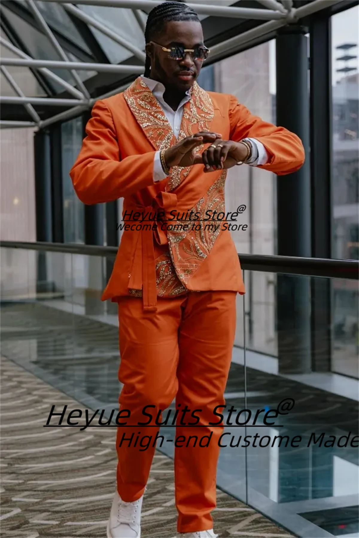 

Orange Gold Appliques Luxuly Groom Wedding Tuxedos 2 Pieces Sets Shawl Lapel Men Suits Customized Male Prom Blazers Ropa Hombre