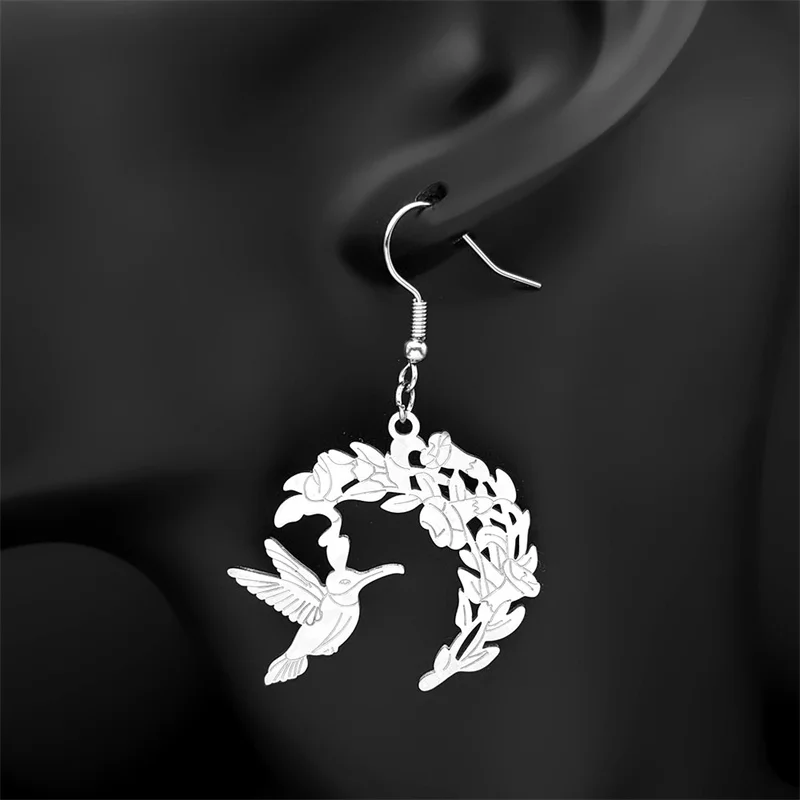 

Hummingbird Flower Hoop Earrings for Women Men Stainless Steel Silver Color Plant Animal Bird Drop Earring Jewelry Gift