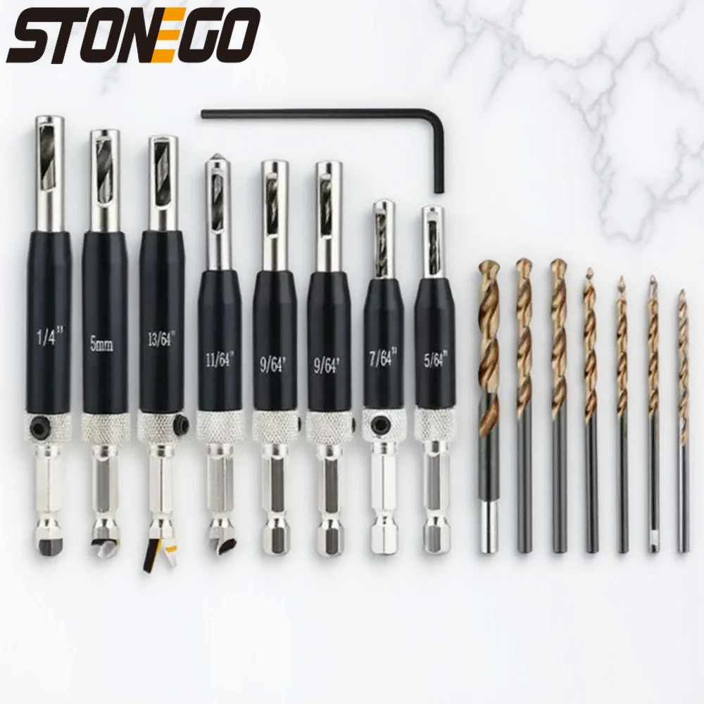 

Self Centering Lock Hinge Drill Bit Set Stainless Steel Drawer Drill Guide Kit Woodworking Tools 7 8 15 17mm