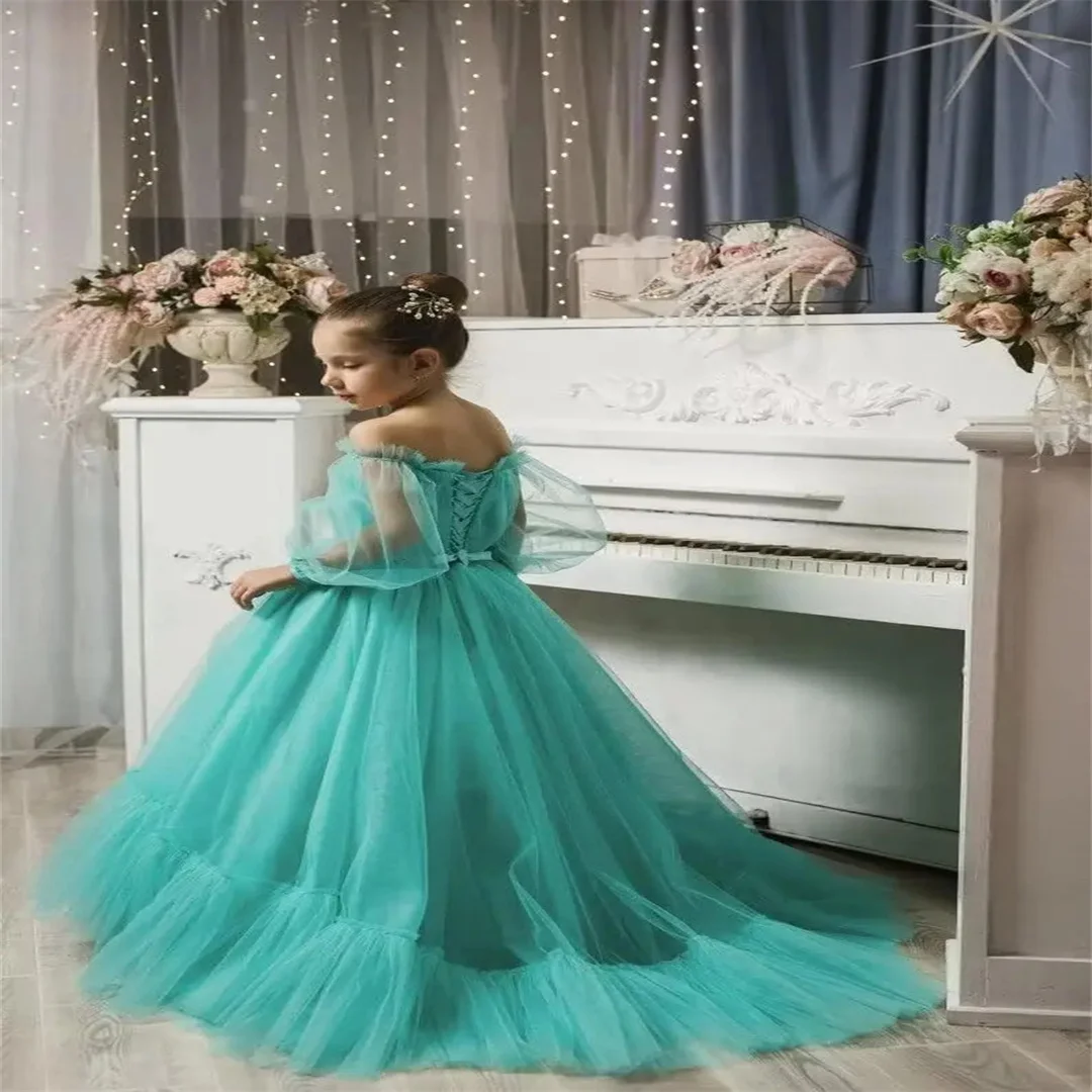 فساتين فتاة الزهور بأكمام منتفخة لحفلات الزفاف بدون أكتاف من التل، فستان للأطفال الصغار مع حزام فستان للفتيات الصغيرات