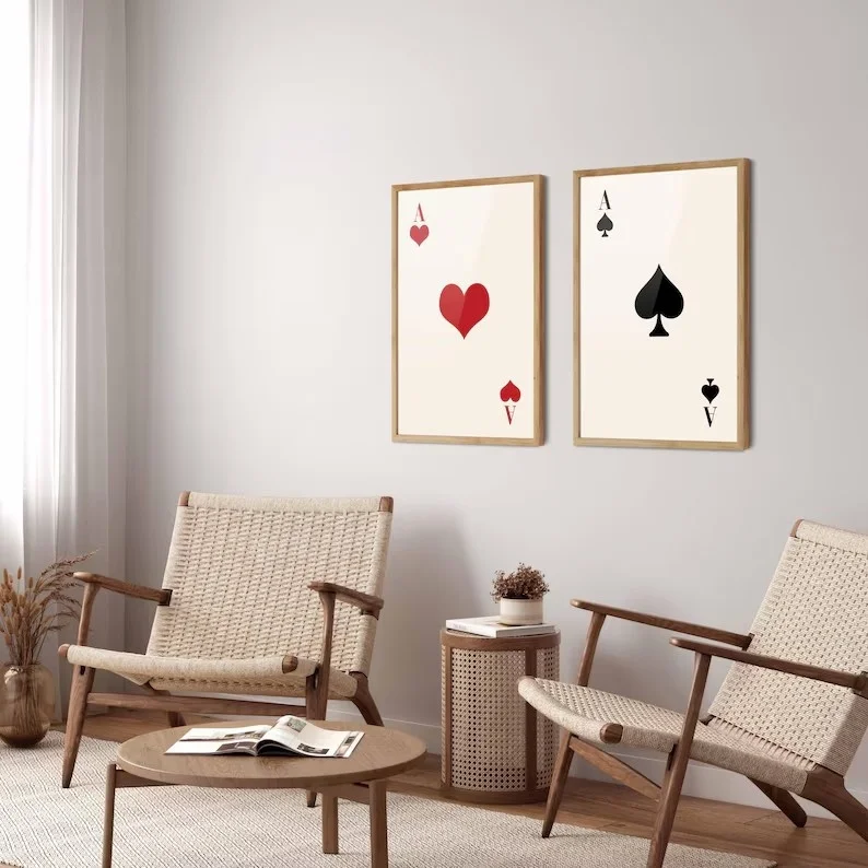 2pcs Ace Posters Playing Cards Wall Art Print, Ace Wall Decor, Ace of Hearts Poster, Ace of Spades Frameless Canvas Wall Artwork