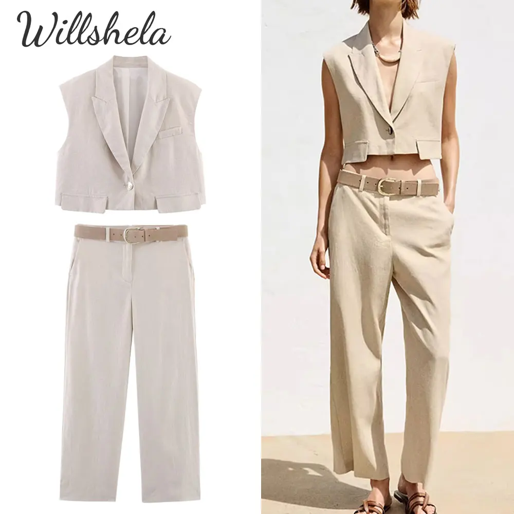 

Willshela Women Fashion Two Piece Sets Cotton linen Tank Tops & Wide Leg Straight Pants Single Button Female Chic Pants Suits