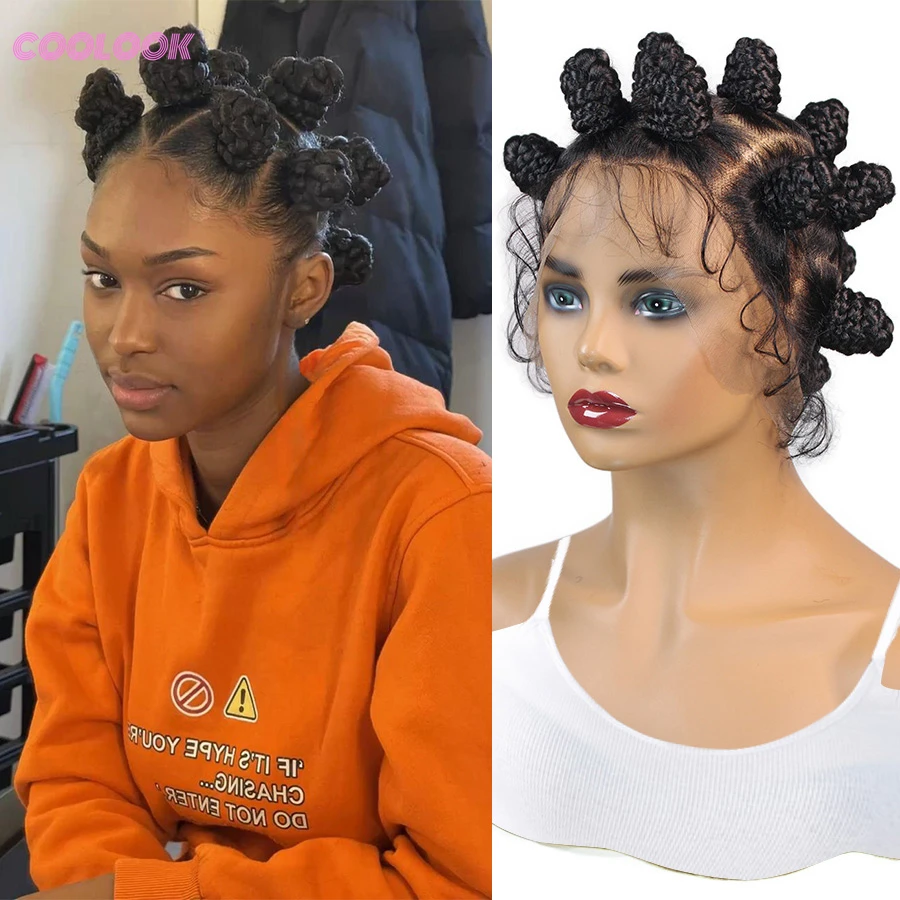

Короткий синтетический полный парик шнурка Bantu Knot, плетеные парики для чернокожих женщин, африканские косички, плетение волос, 16 дюймов, без узлов, косички, парик