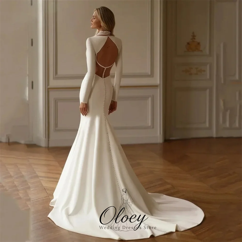 OLOEY Gorgeous Square Neck Satin Mermaid Wedding Dresses For Woman Backless Long Sleeve Bridal Gown Customized Vestidos De Novia