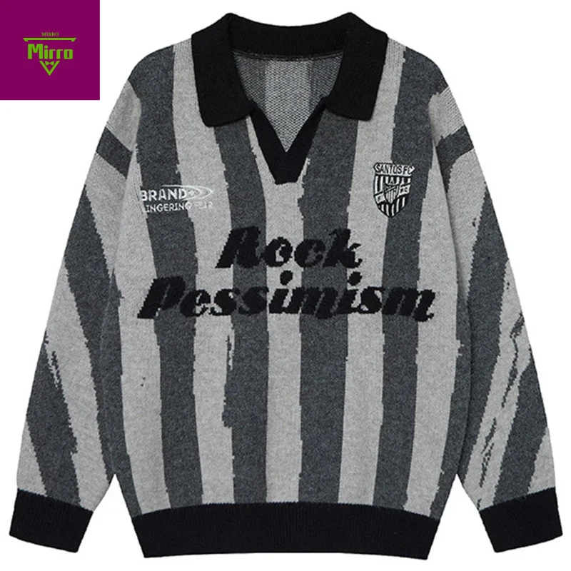 

Vintage Oversized Men Sweaters Loose Striped V-neck Sweaters Knit Jumpers Streetwear Harajuku Hip Hop Y2K Sweaters Knitwear