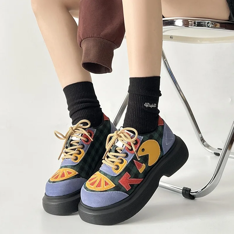 Women's Mixed Color Chunky Heel Shoes Fashion Ladies Walking Lace Up Loafers Colorful Expression Patches Thick Soled Women Shoes