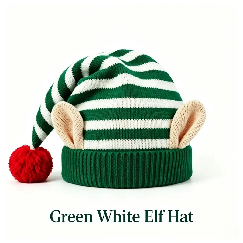 Bonnet de Lutin Rayé avec Oreilles et Pompon – Rouge, Vert ou Blanc – photo 8
