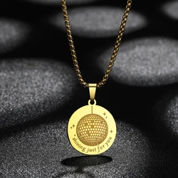 Kinitial Stainless Steel Engraved Round Chain Pendant Necklace Shining Mirrorball Necklace For Women Men