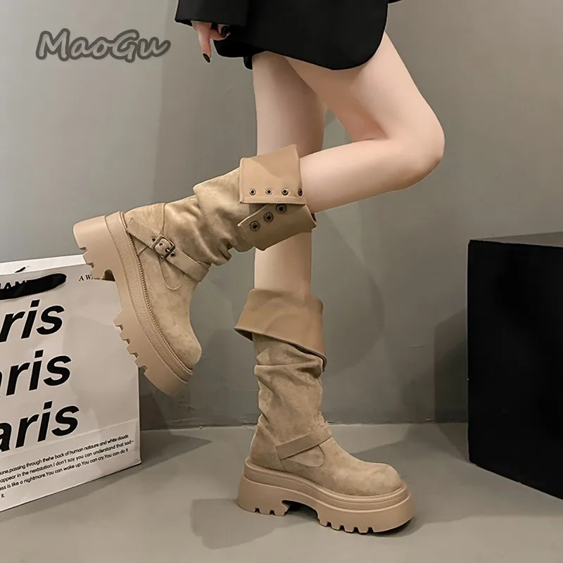 Calzado De Otoño Invierno para Mujer, Botas hasta la rodilla con aumento De altura, Botas largas sin cordones a la moda para Mujer, talla 35-39, Botas Largas para Mujer