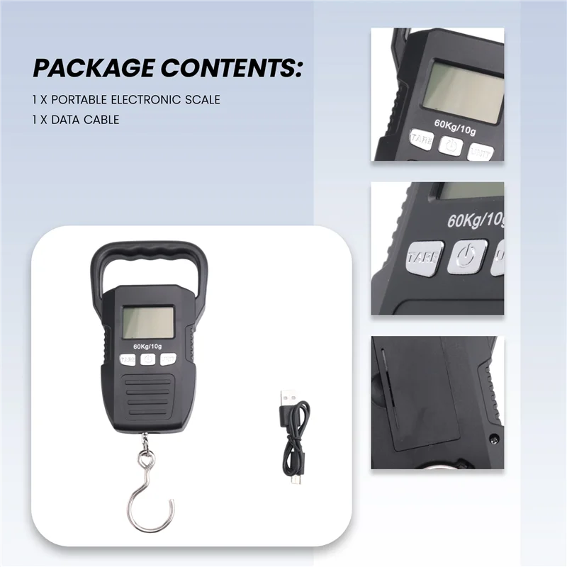 【Best Selling】Black 60Kg/10G LCD Digital Hanging Scale Set Kit USB Recharged Crane Hook Scales Courier Luggage Home Weighing Bal