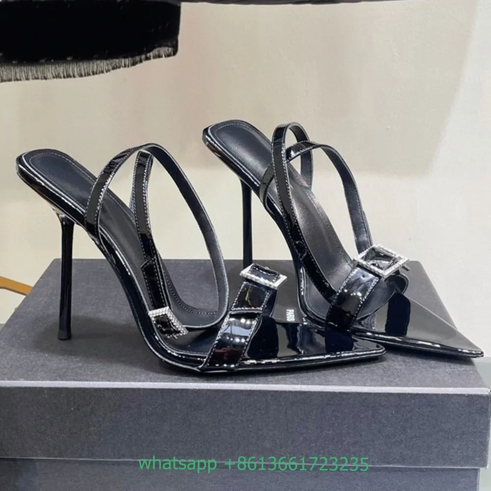 Square Buckle Crystal Shiny Sandals Pointed Open Toe Stiletto Heels Patent Leather Slingback Sandals Women Luxury Design Shoes