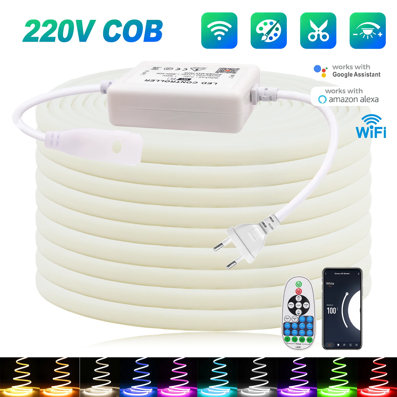 

Светодиодная лента COB с регулируемой яркостью, 220 В, WIFI, 23 клавиши, пульт дистанционного управления, гибкая светодиодная лента, 288 светодиодов/м, IP67, водонепроницаемая лента, диод, домашний декор