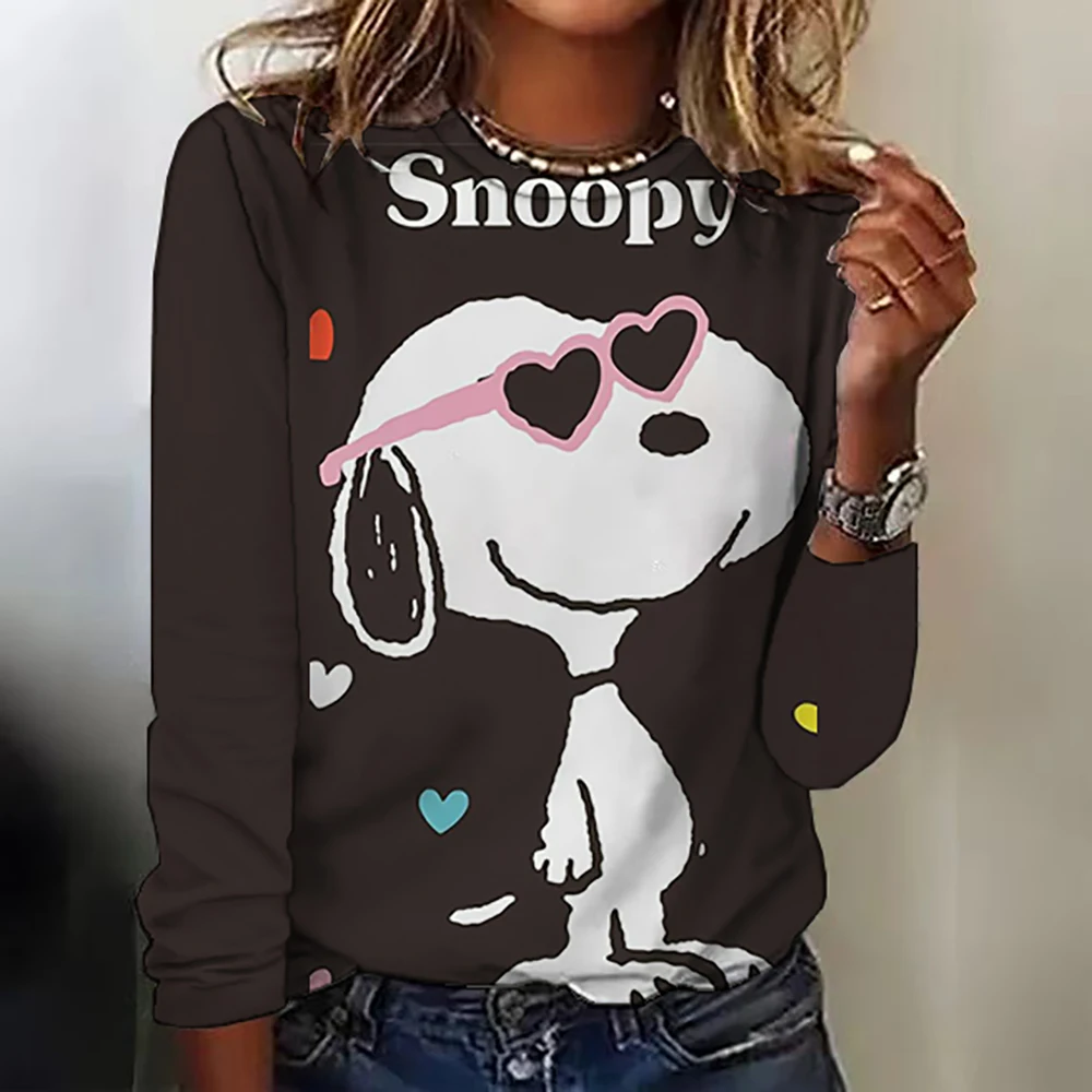 Camiseta com gola redonda com estampa Snoopy, blusa casual de manga comprida para primavera e outono, roupas femininas