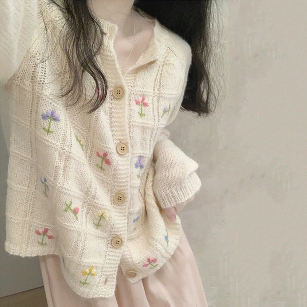 Women's Knitted Sweater Sweet Checkered Flower Embroidery Autumn Korean Single Breasted Cardigan Lazy Cute Female Thin Tops