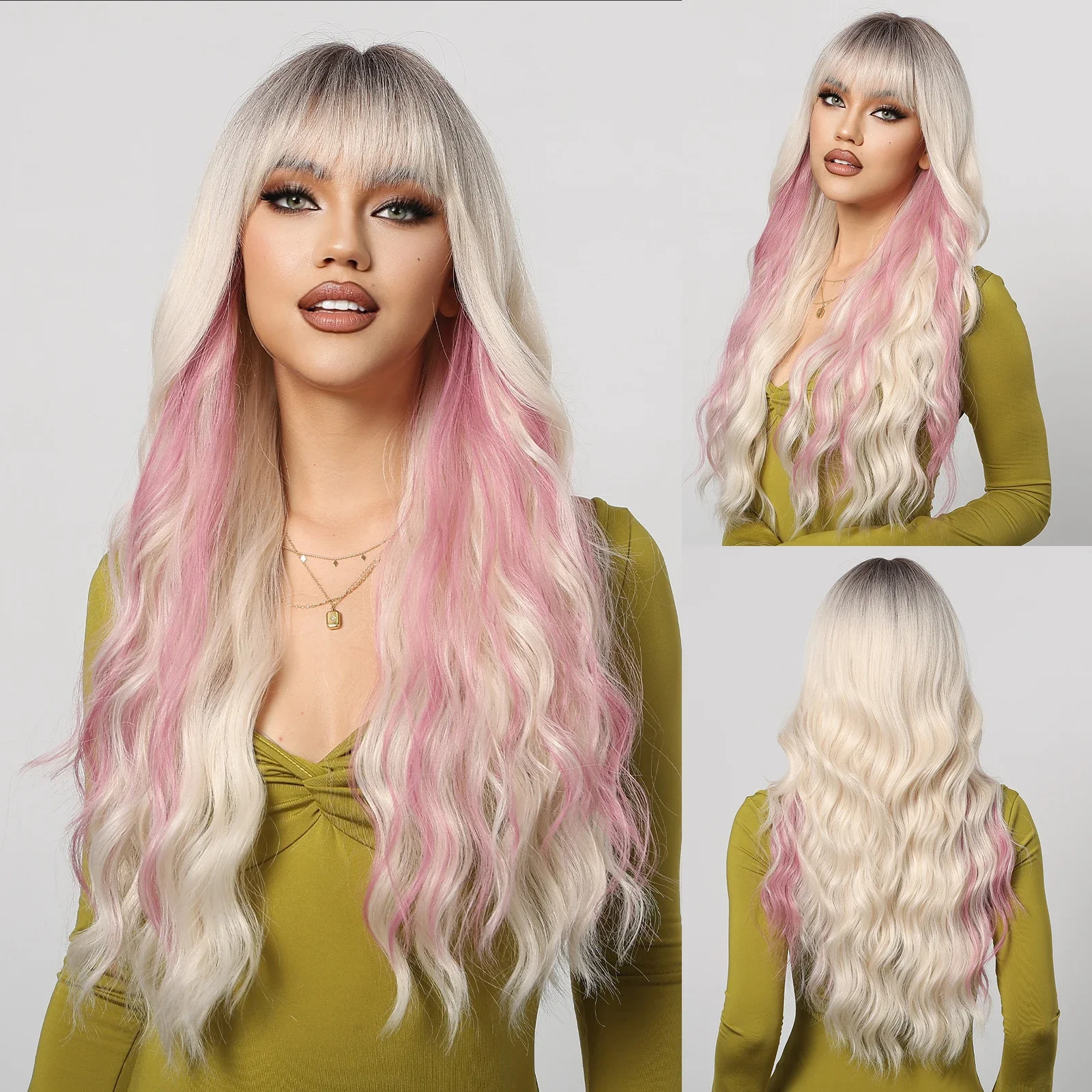 

Highlight Blonde Pink Synthetic Wavy Wig with Bangs for Women Long Natural Wave Cosplay Dark Roots for Daily Wigs