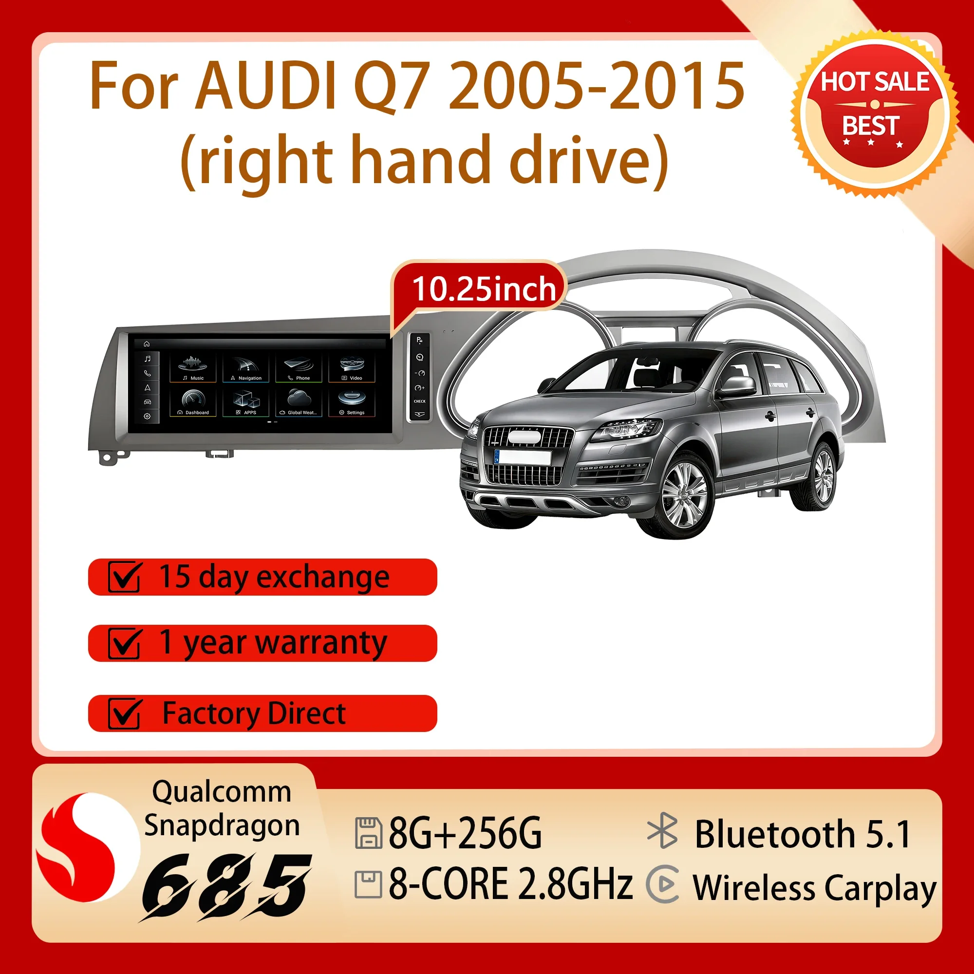 10.25 inch Right Hand Drive For AUDI Q7 2005-2015 Wireless Carplay Android 14 Snapdragon 685 GPS Navigation Touch Screen Radio