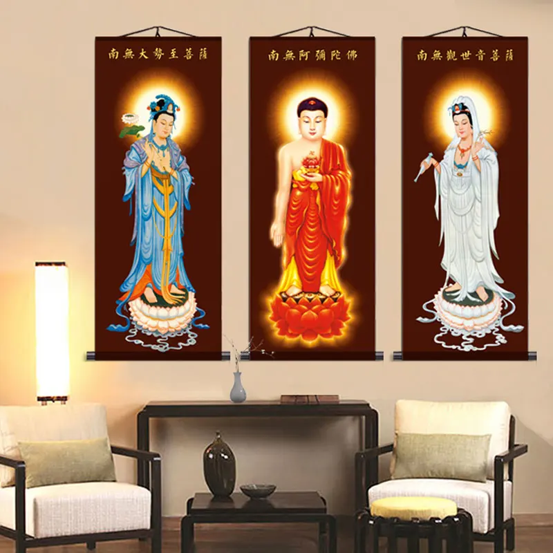 Portraits of the three saints in the west, hanging paintings of Buddha statues,  Exquisite silk scroll hanging picture