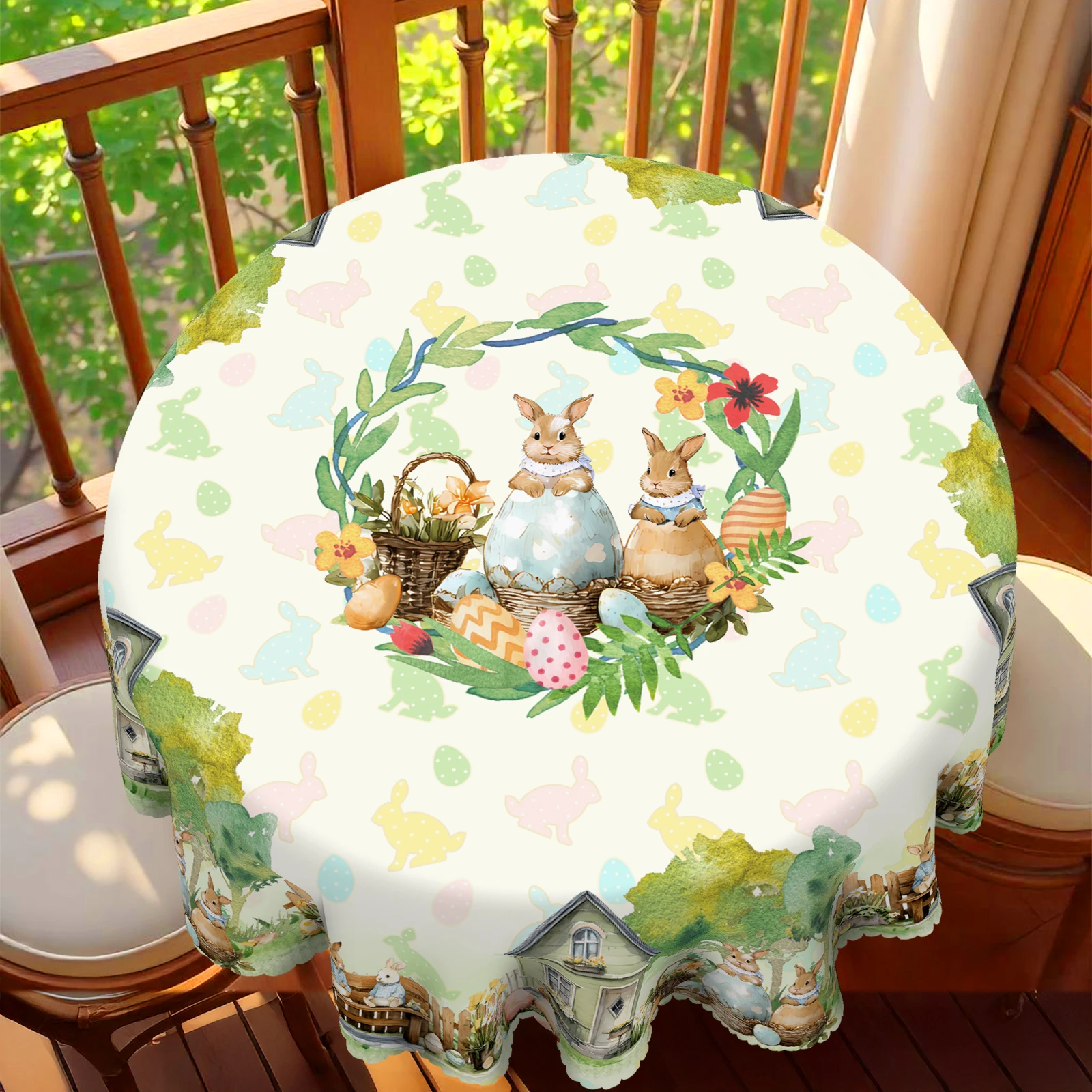 Mantel con temática de conejo de Pascua, ciudad de campo de primavera con flores delicadas, conejitos lindos, árboles verdes, patrón de huevo de conejo manchado, impermeable, resistente al desbotado, adecuado para mesas de comedor