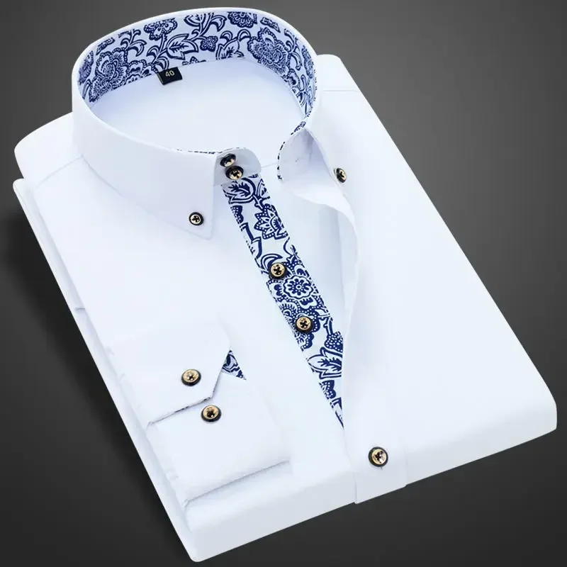 

Slim Fit Shirts for Men Porcelain Printed Collar Business Casual Shirt Long Sleeve Korean Solid White Shirt Male Cotton Camicia