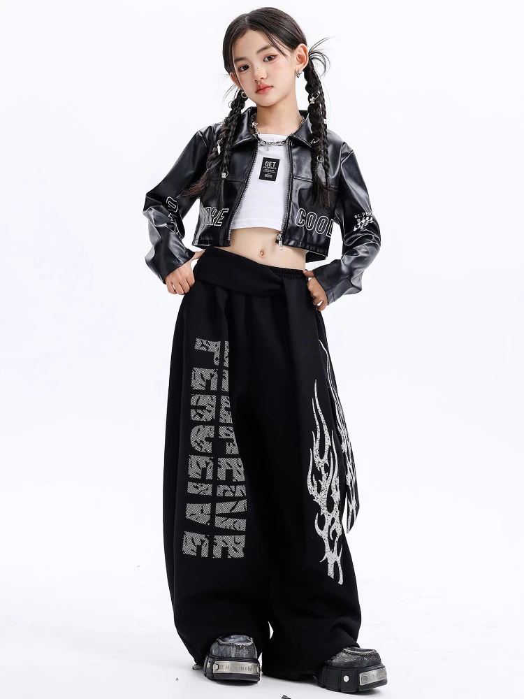 

Girls Hip Hop Street Dance Clothes Sets Leather Crop Jacket Tank Top Baggy Pants Group Cool K-pop Jazz Stage Performance Costume