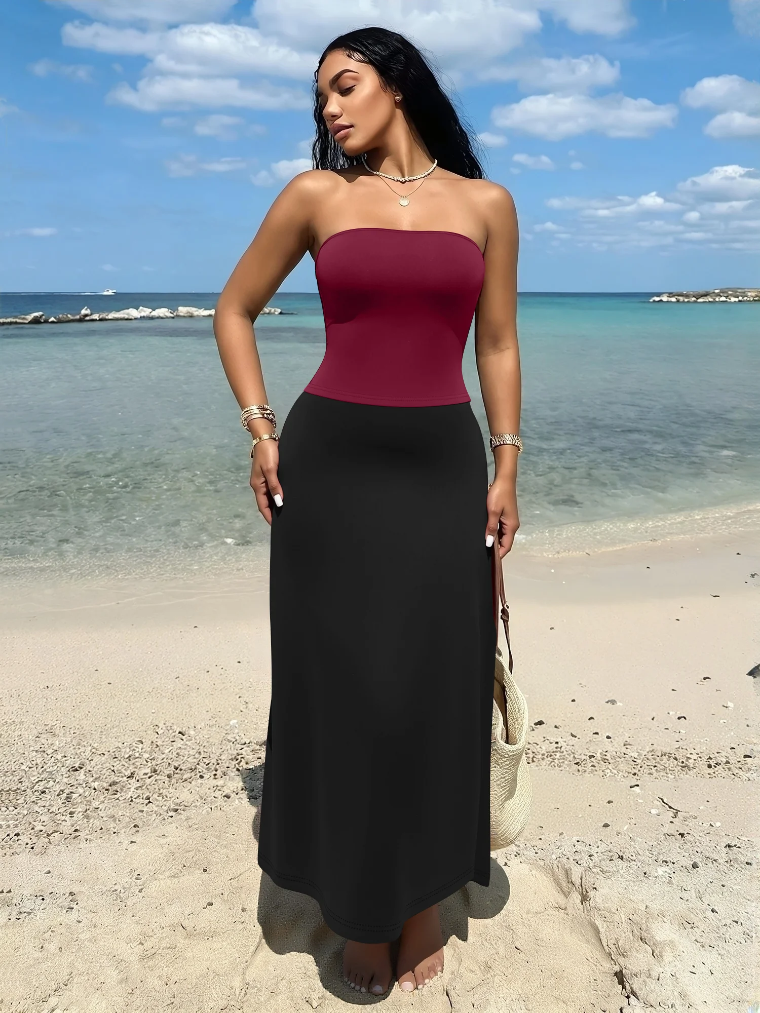 

Tube Top + High Waist Mermaid Maxi Skirt 2 Piece Set Women Summer Slim Fit Vacation Outfit