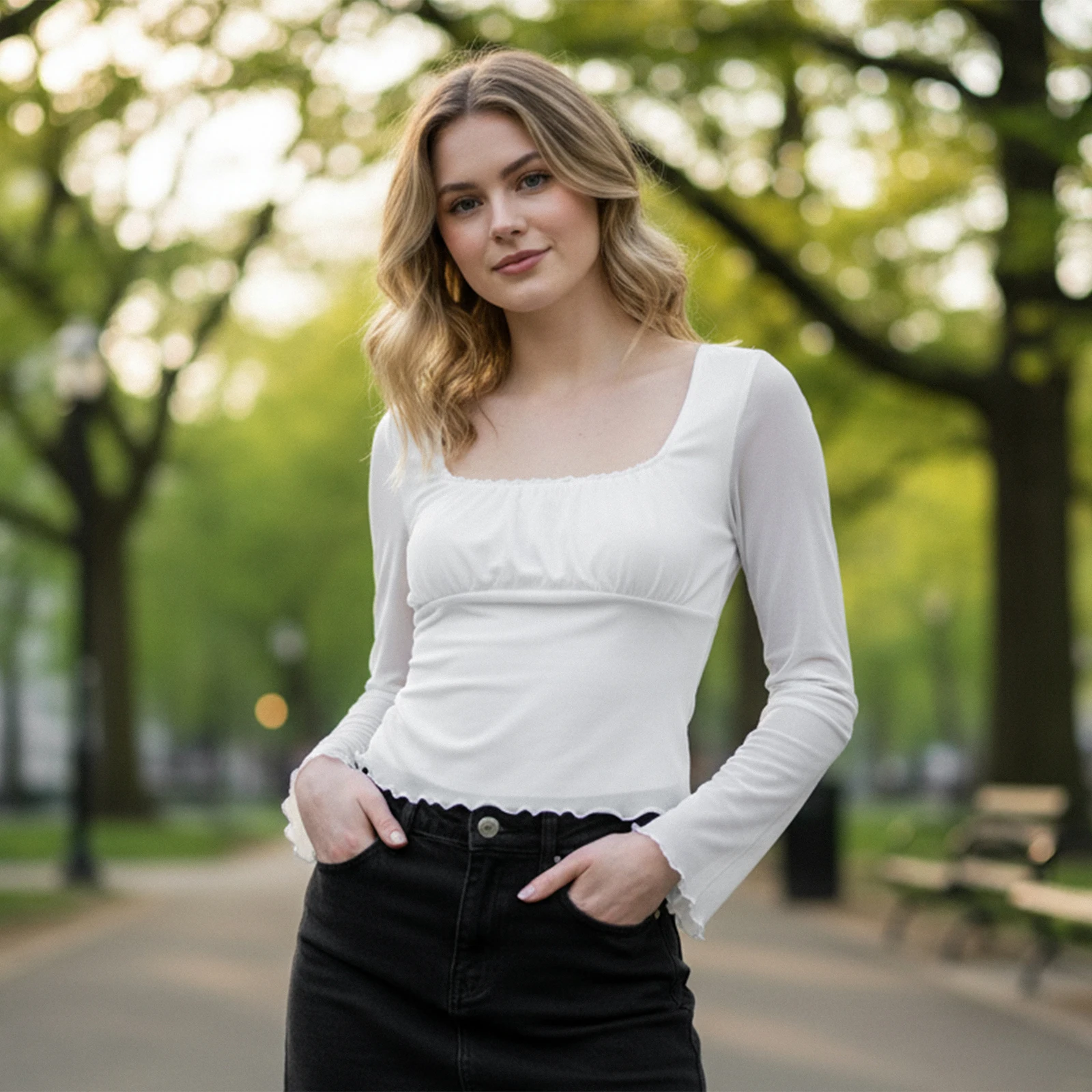 تي شيرت نسائي بلون سادة لربيع وخريف وأكمام طويلة ورقبة على شكل حرف U بقصة ضيقة وطبقة أساسية مقصوصة #3