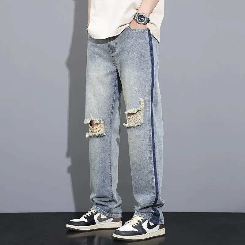 

Мужские джинсы свободного кроя на весну-осень, средняя посадка, смесь хлопка и полиэстера, удобные, прямые, светло-голубые, в стиле High Street, длинные...