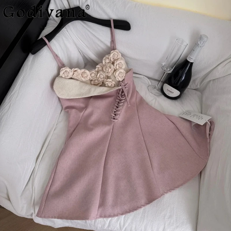 

French Romantic Rose Korean Sweet Lace-up Slash Neck Pink Dress Summer Girls High Waist Short Age Reduction Suspender Dresses