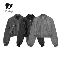 Koekop giacca da volo in pelle Anti tinta unita moda donna cappotto Vintage Casual girocollo Chic temperamento giacca pilota