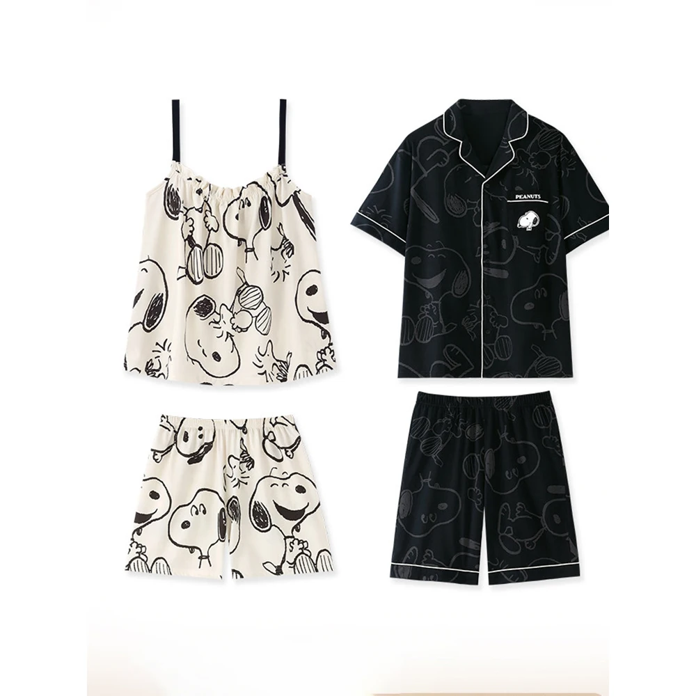 Peanuts Snoopy Matching Couple Pajamas Set Men Black Short Sleeve Shirt Short Women Nightshirt Soft Cartoon Loungewear Sleepwear
