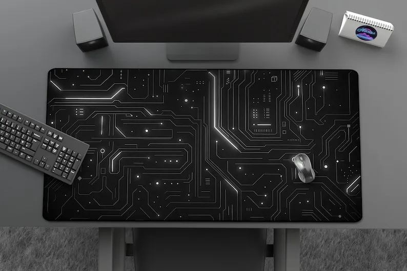 

Futuristic Circuit Board Gaming Mouse Pad Black White Tech-Inspired Desk Mat Large Grid Cool Gamer Mouse Mat Office Carpet