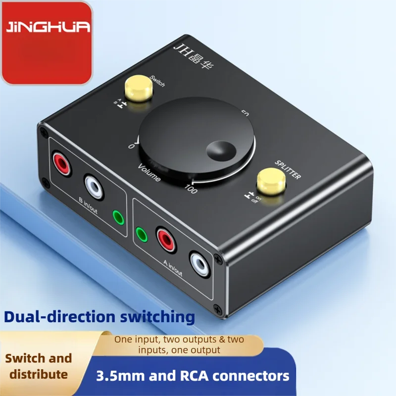 3.5mm & 2 RCA Audio Switcher Splitter 2-in-1 with Mode Switch Button & Dual Volume Control Bi-directional A/B Selector for Speak
