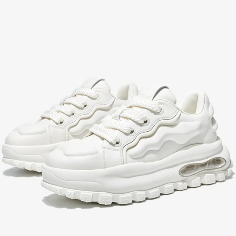 Men's Comfortable Breathable Casual Sneakers Buffer Soft Soled Heightening Shoes Genuine Leather White Thick Bottom Daddy Shoes
