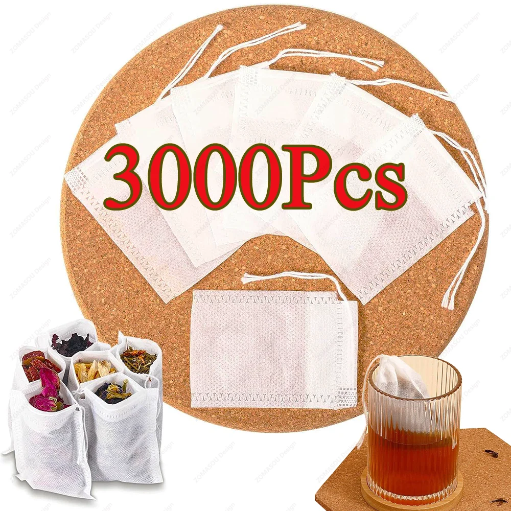 3000–100 Stück Einweg-Teebeutel, Vlies-Kordelzug, Filter, Teebeutel für Kräuter, loser Tee, Kaffee, Kräuter, Gewürze, Brauen, Kaffee, Zubehör