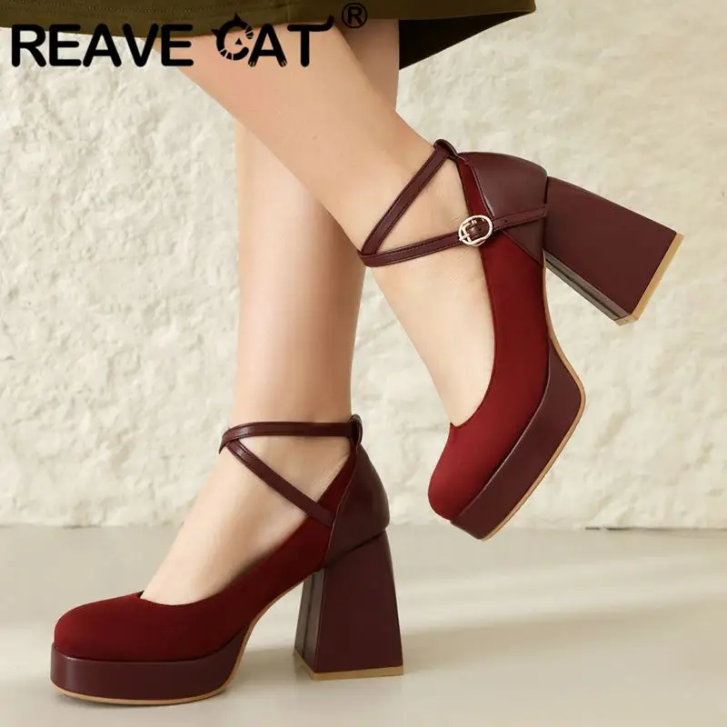 REAVE CAT Fashion Women Pumps 32 33 Round Toe Block Heels 9cm Flock Suede Ankle Buckle Strap Size 44 45 Party Shoes