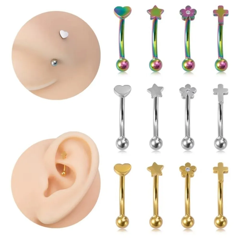 Stainless Steel Curved Eyebrow Sticks Heart Star Banana Ring Hypoallergenic Cross Gothic Style Eyebrow Piercing All-gender