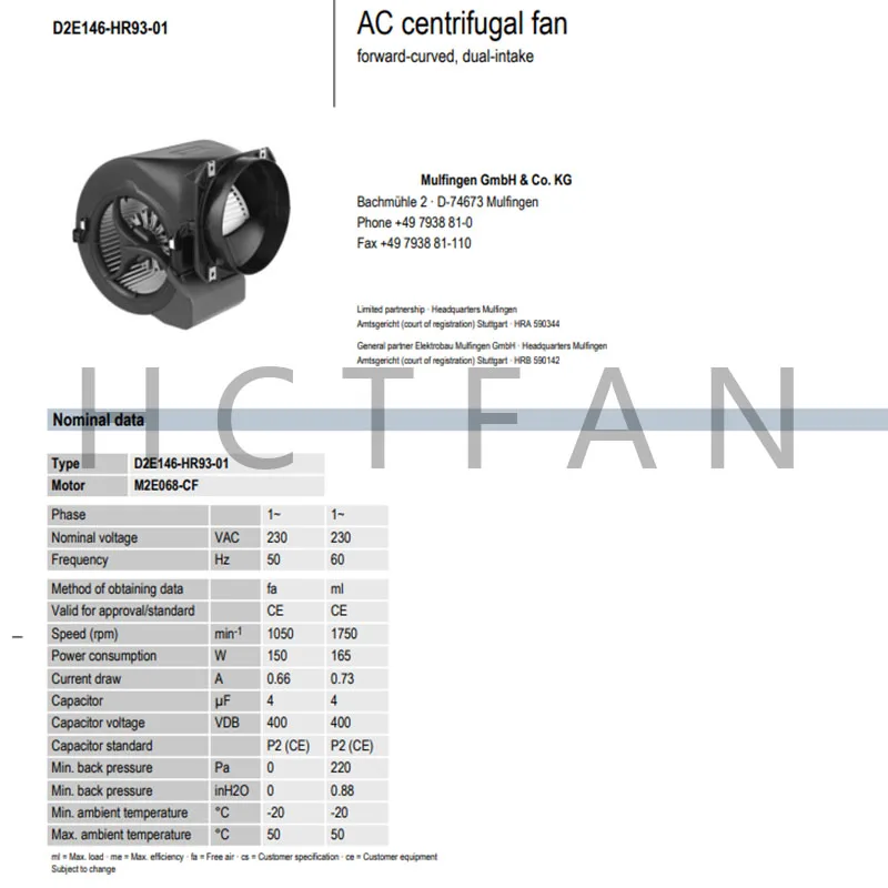 Original 100% Working D2E146-HR93-01 M2E068-CF 230V 50/60Hz 0.66/0.73A 150/165W cooling fan